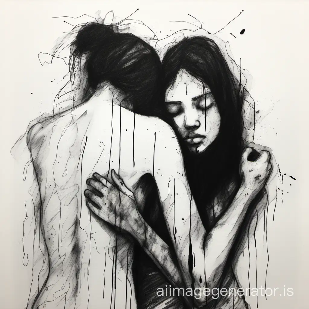 Art student rushed ink sketch of two bodies embracing.  No faces. No background. White background. Black and white. Messy. 