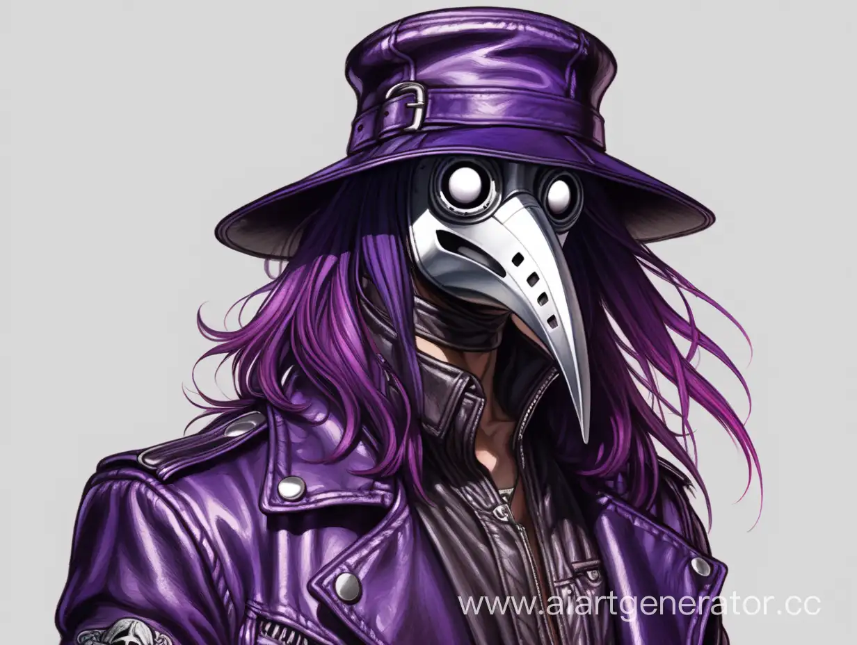 нарисованный парень в кожанной куртке с маской чумного доктора и фиолетовыми длинными волосами