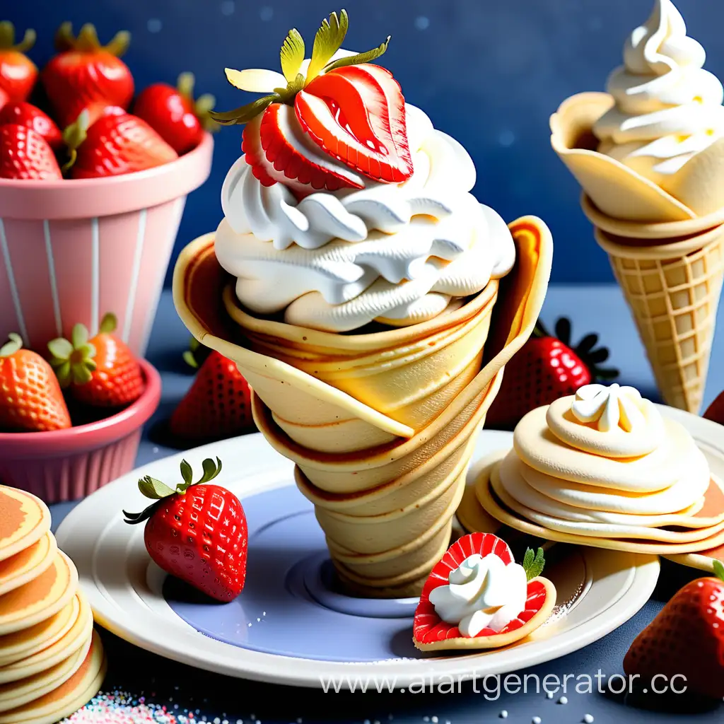 Delicious-Pancake-Cone-with-Whipped-Cream-Cookies-and-Strawberries