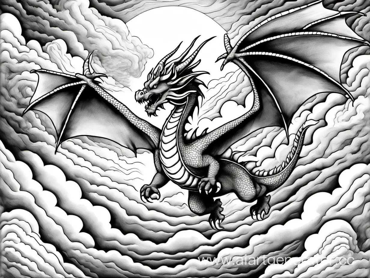 картинка для раскрашивания дракон в полете в облаках,очень высокая детализация