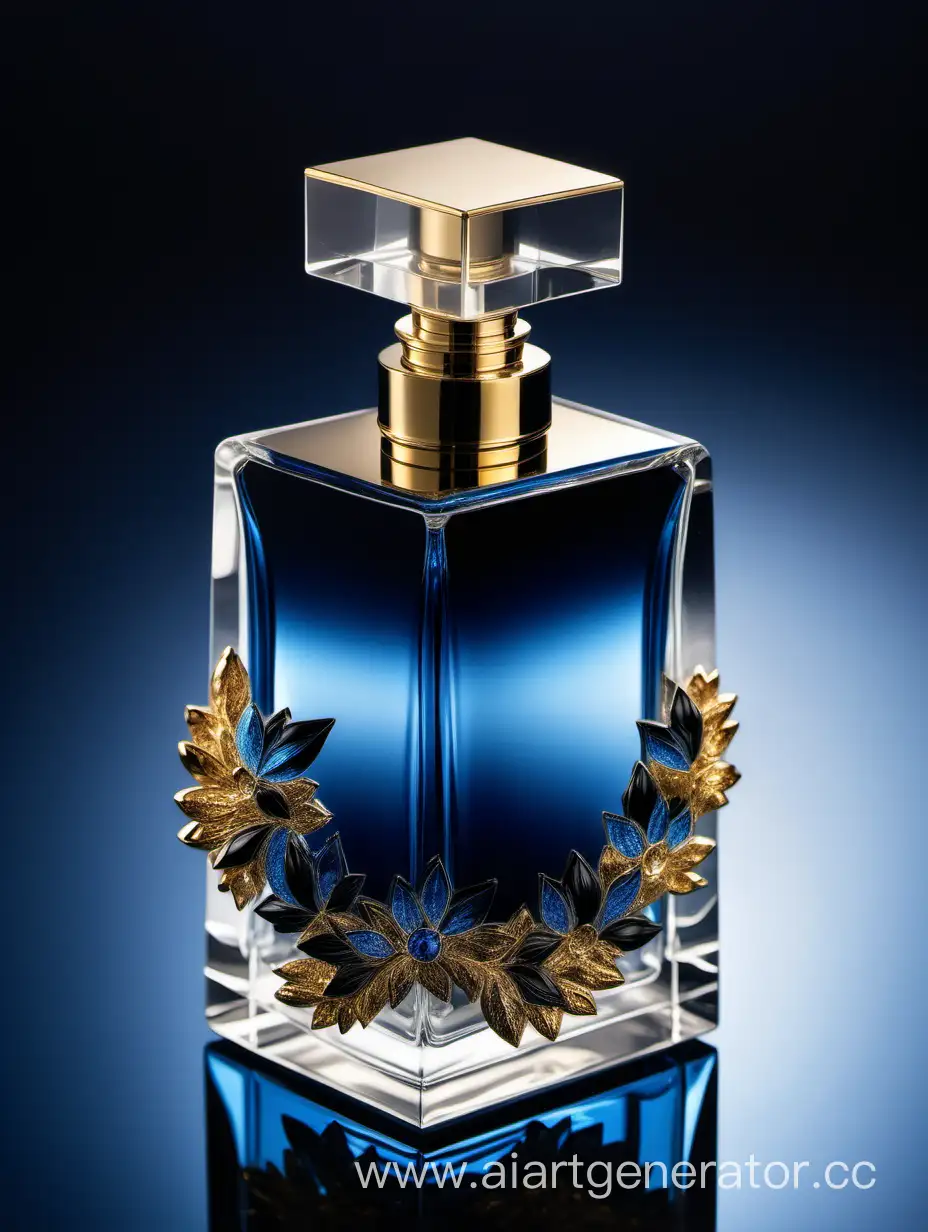 a crystal clear perfume bottle made of blue ,black and gold
transparent