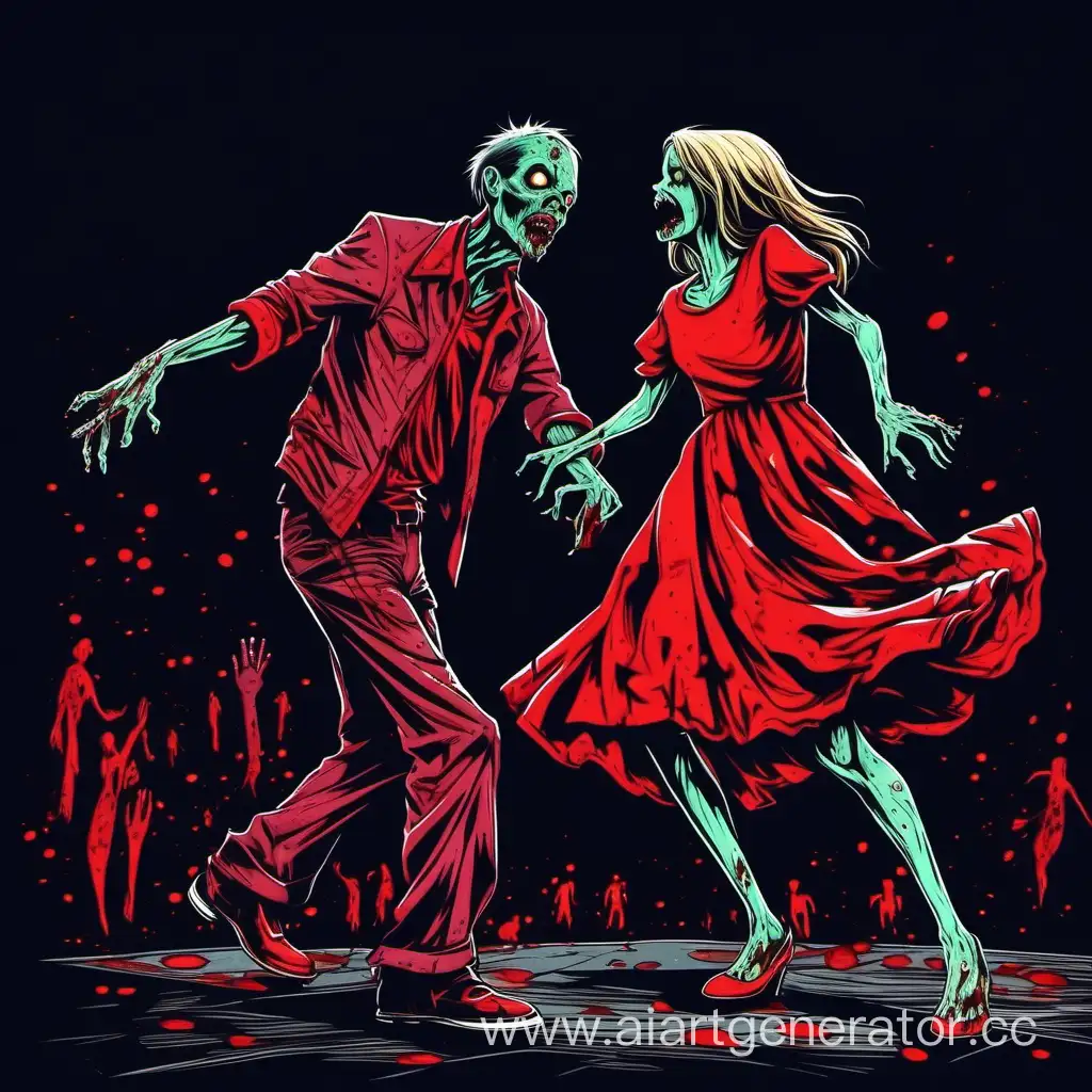 зомби танцует с девушкой в красном платье на черном фоне
