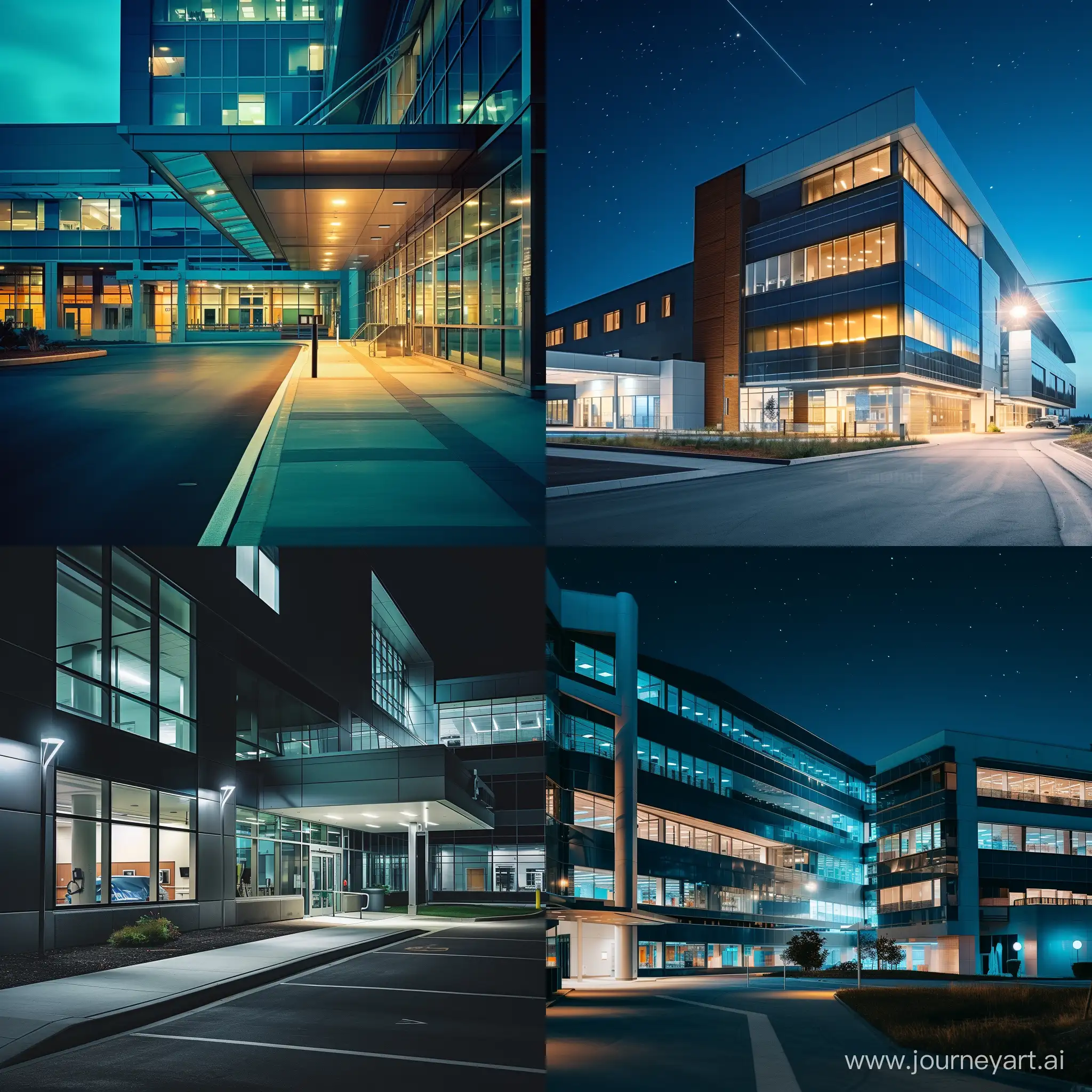 A cinematic photo of a modern hospital exterior at night