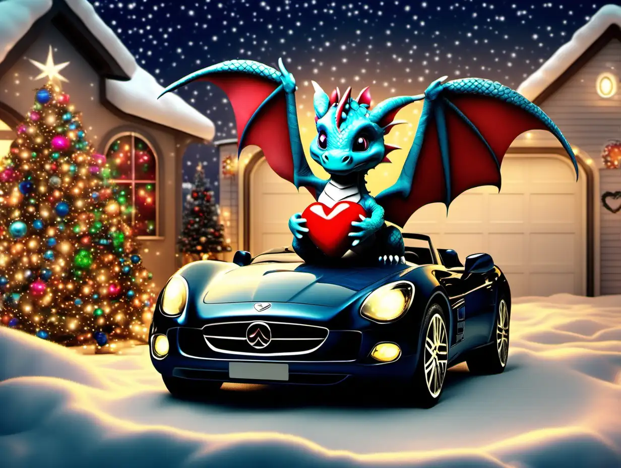 Baby dragon with heart in  front with christmas eve and christmas lights an a luxury car garage

