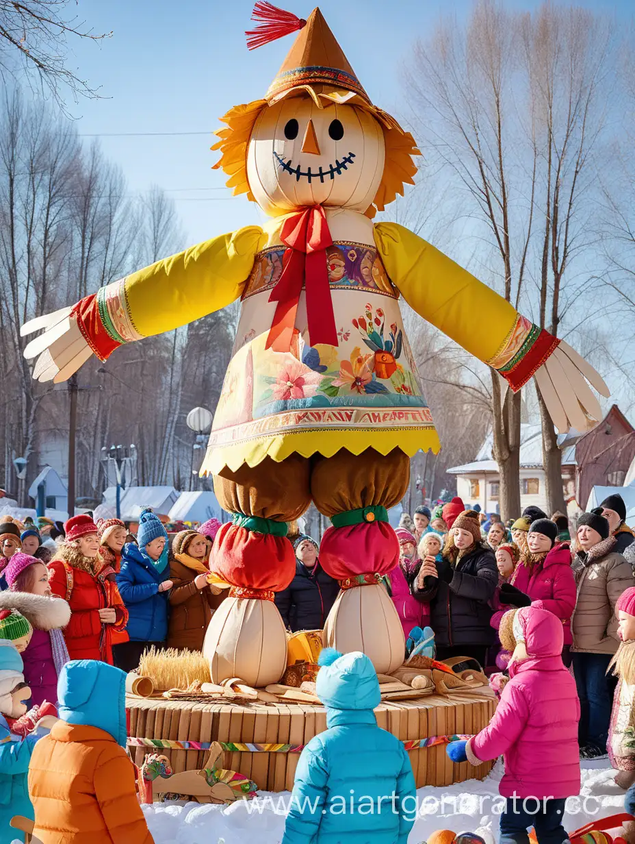 The photo shows the bright and joyful atmosphere of the Maslenitsa holiday. People are visible around, dressed in bright outfits, which reflect the traditional elements of this holiday. A large wooden Maslenitsa effigy stands or sits in the center of the frame., which symbolizes farewell to winter. The stuffed animal can be decorated with multi-colored ribbons, paper and other decorative elements. Around the scarecrow people gathered to talk happily, Sing, dance and play folk instruments.