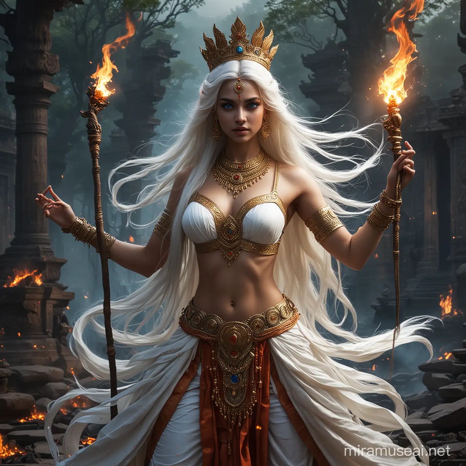 Powerful Hindu Empress Goddess in Fiery Combat Amidst Dark Valley