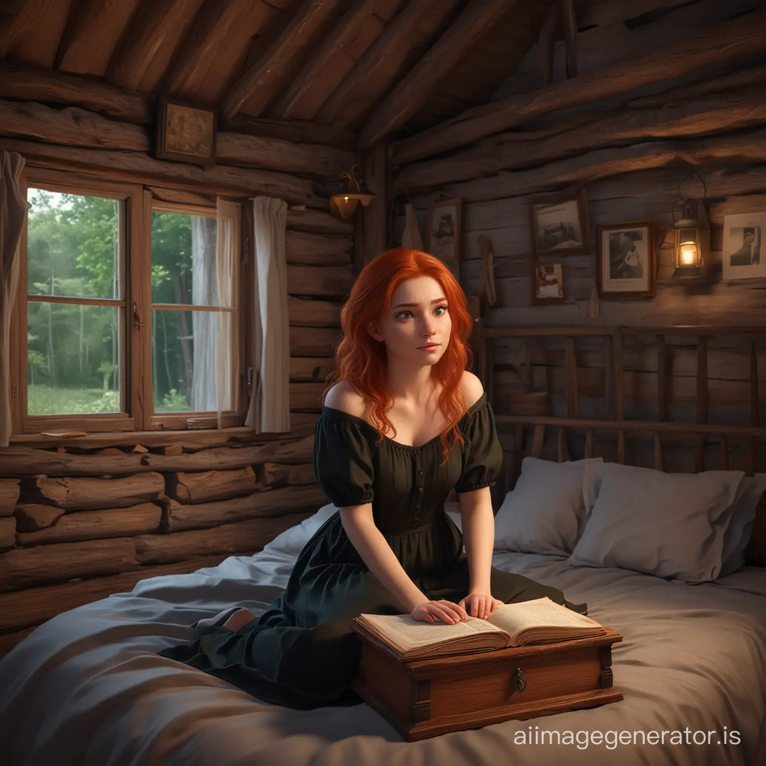 An adult girl with red hair and green eyes is very cute, in a black dress sits on the bed, next to there is a wooden box from which she takes out an old book, the book is closed, looks at the book in surprise, against the backdrop of an ancient interior of a log hut, outside the window is night, cartoon style , 3D render, magical atmosphere