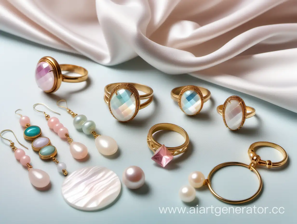 several types of jewelry: earrings, rings, pendants, in pastel colors of acrylic and plastic on mother-of-pearl fabric on the table, high detail, realism
