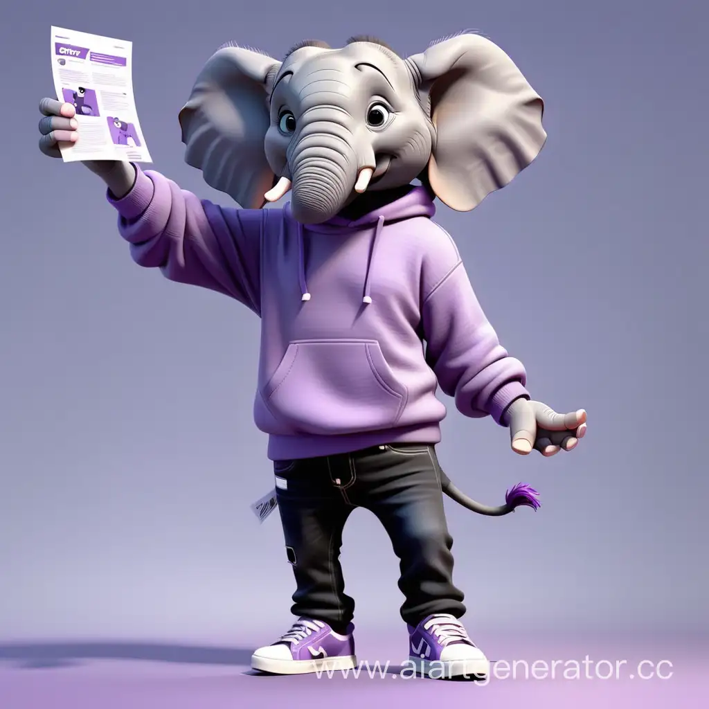 An elephant in a purple sweatshirt, black jeans and sneakers. holding a flyer with outstretched hand. Picture style 3D animation Disney cartoons