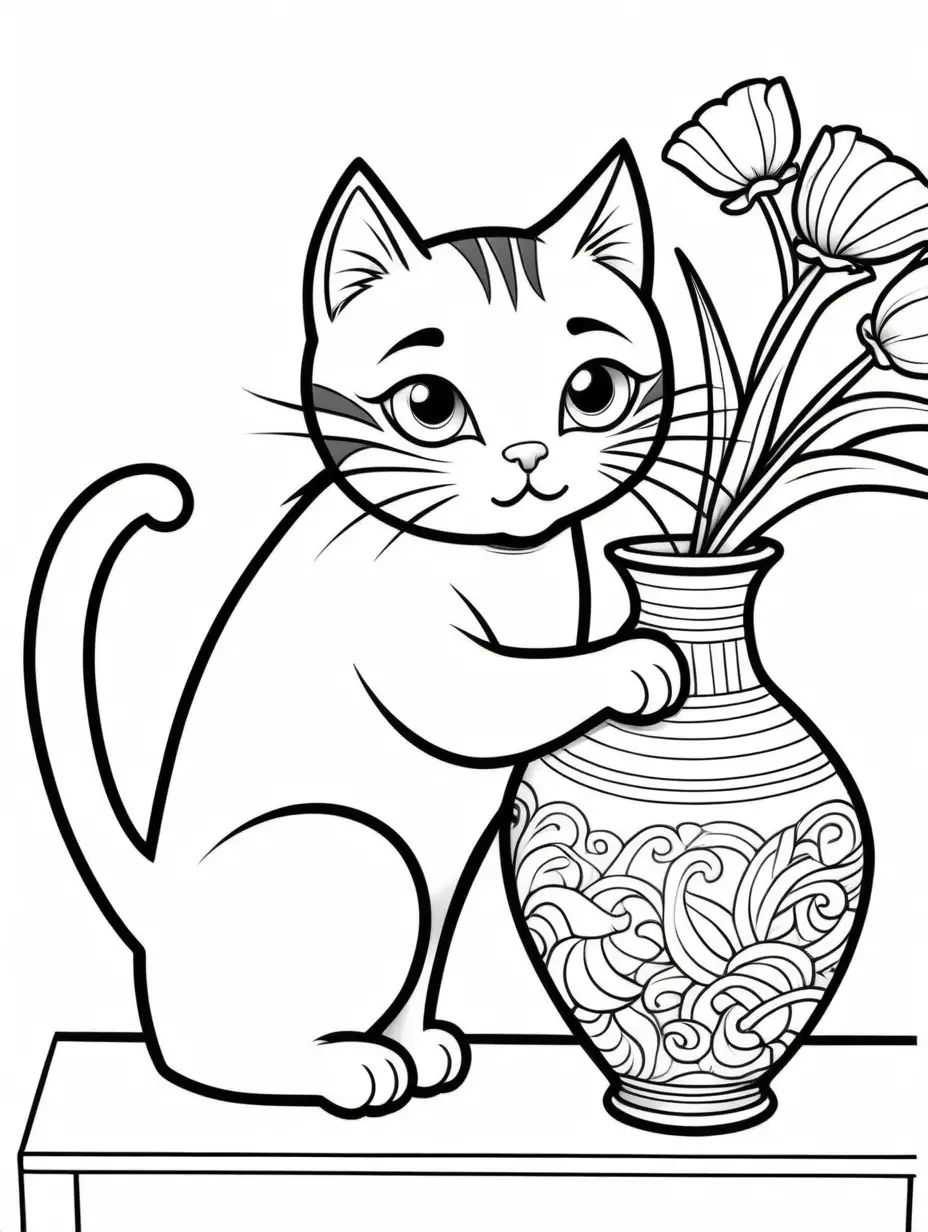 create a colouring page, low detail, thick lines, A cat, arched back, mischievous eyes, knocking over a vase , black and white, thick lines, white background , knocking over a vase