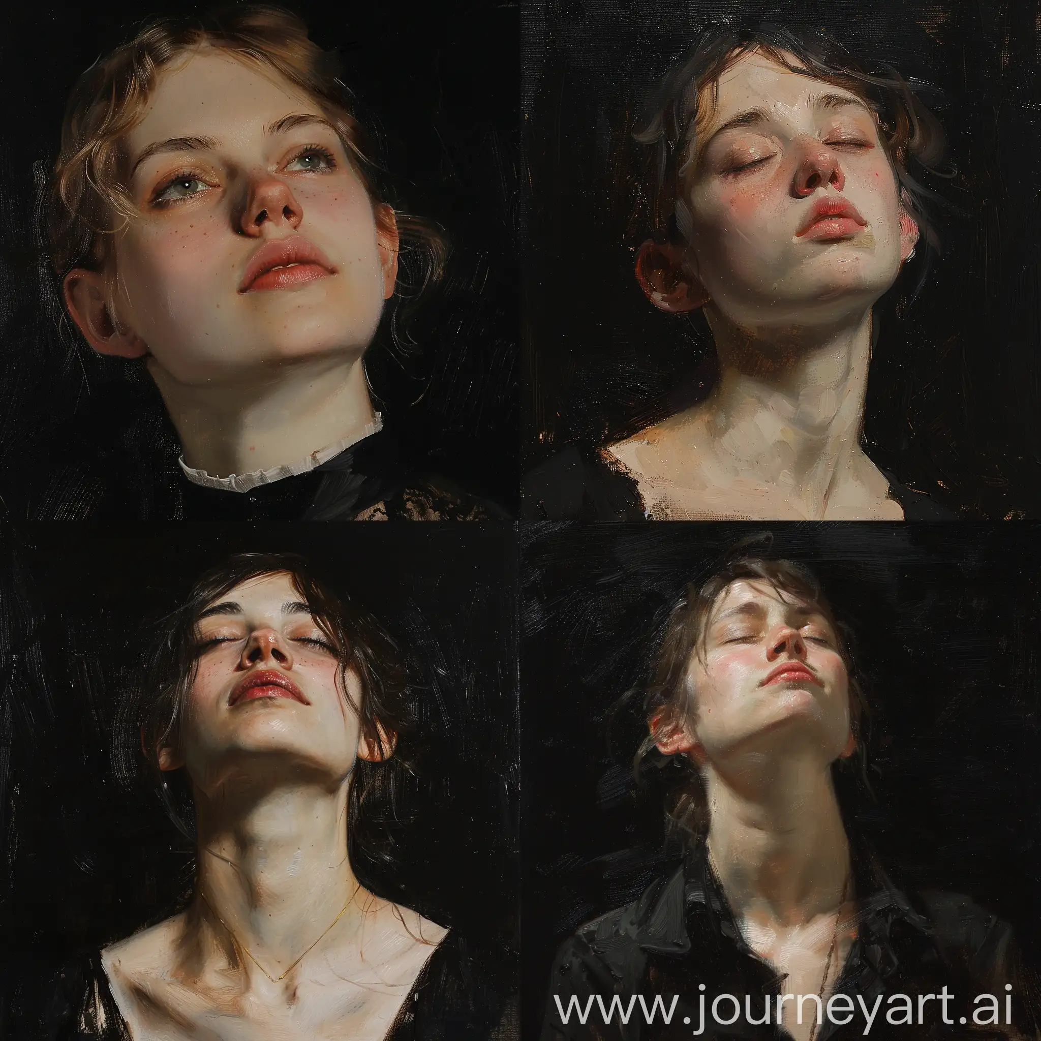 Modern emotional Oil sketch of a young gorgeous woman, wlop John singer Sargent, jeremy lipkin and rob rey, range murata jeremy lipking, John singer Sargent, black background, jeremy lipkin, lensculture portrait awards, casey baugh and james jean, detailed realism in painting, award-winning portrait, amazingly detailed oil painting, brushstrokes, Sean cheetham, details, well painted, good colors, strong shadows, black background 