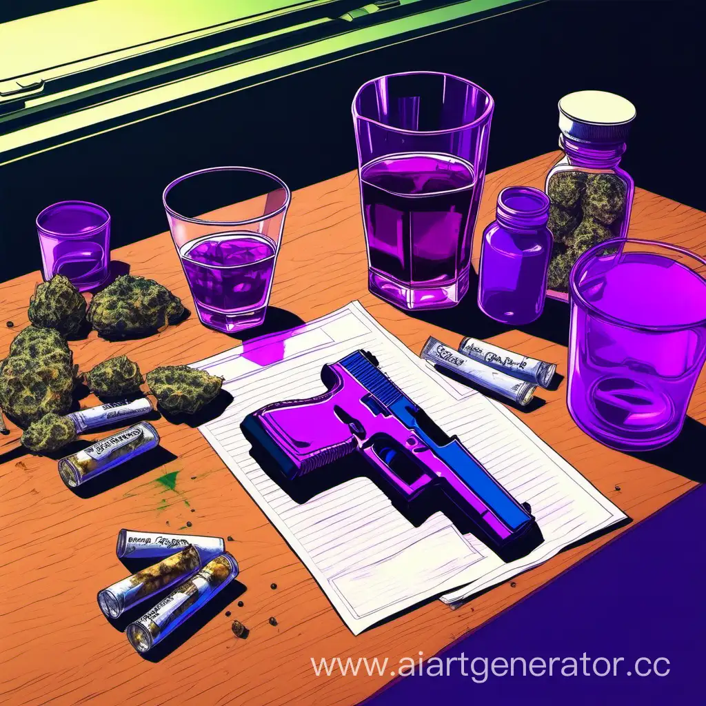 На столе стакан, внутри стакана фиолетовый сироп, справа от стакана марихуана и дымящая сигареты, а справа сигареты пистолет глок