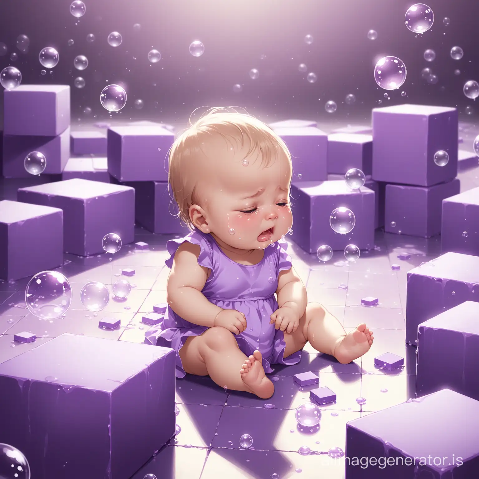 AThe little baby is sitting and crying and sad
Bubbles are everywhere
little purple blocks fell on the floor
The details are beautifully evident