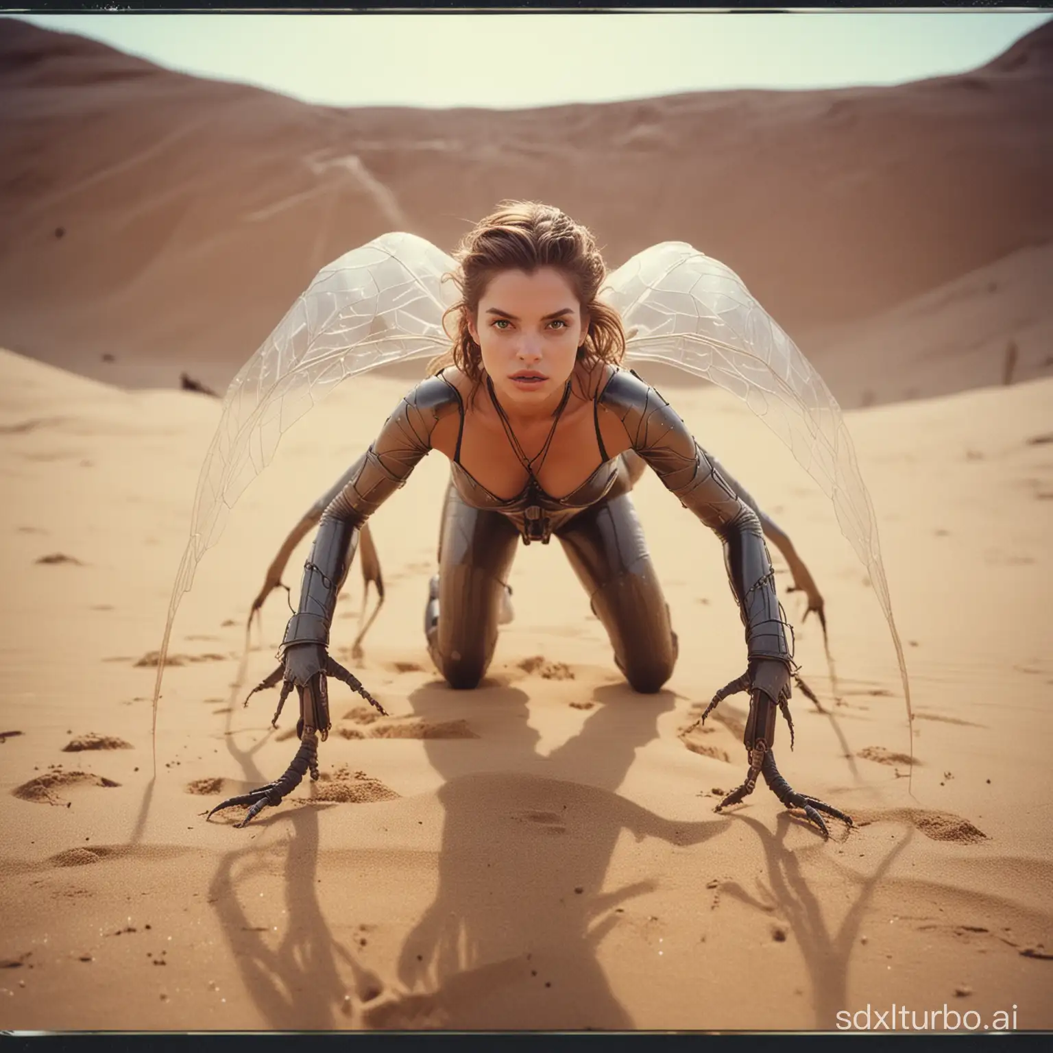 a polaroid picture of a insect woman, a polaroid photo, inspired by David LaChapelle, in an arena in dune 2021, portrait of Barbara Palvin, crawling towards the camera, full frontal shot, as a mystical valkyrie, squad, that looks like a insect, EPK, 90’s photography, Buck Rogers