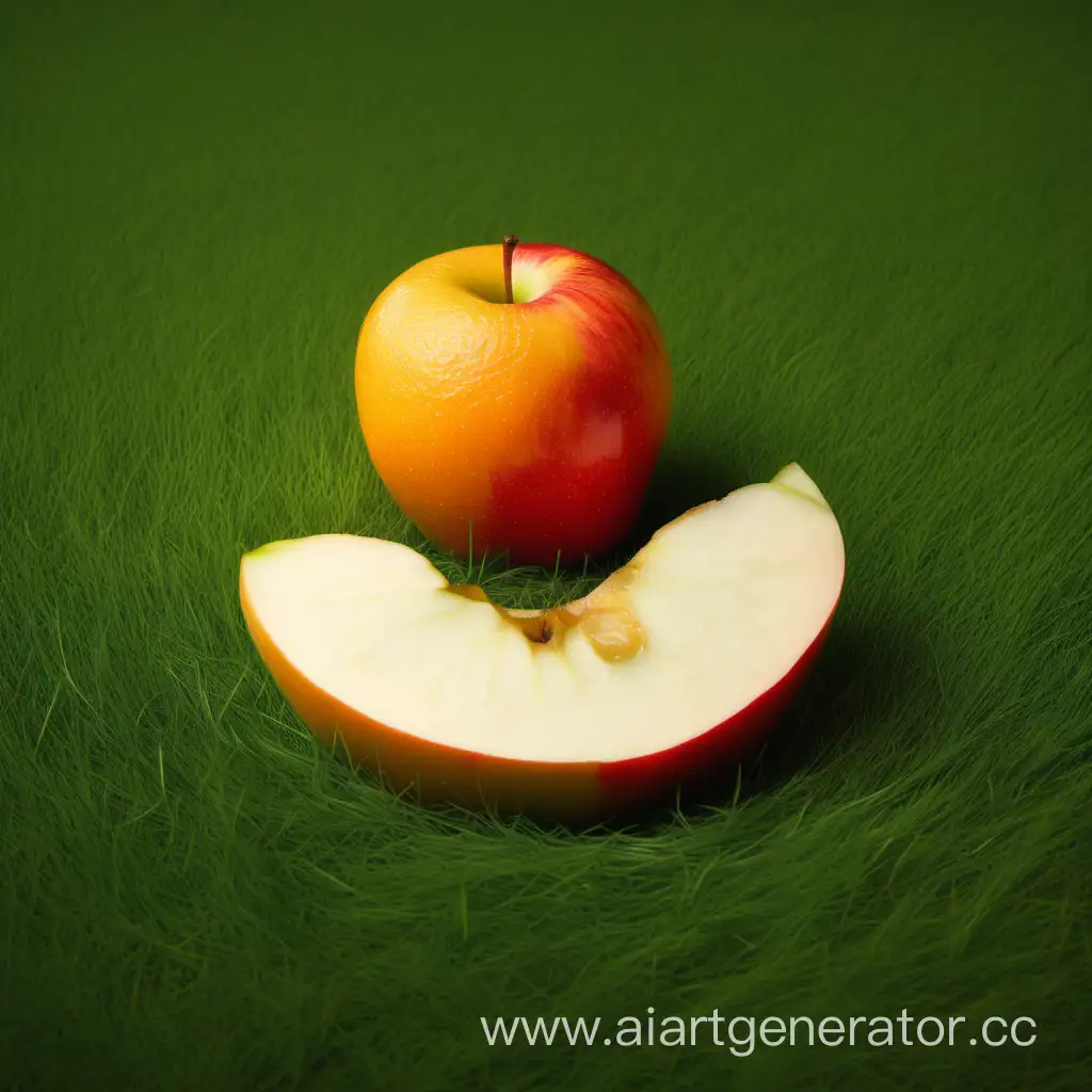 яблоко лежит на траве и рожает дольку апельсина