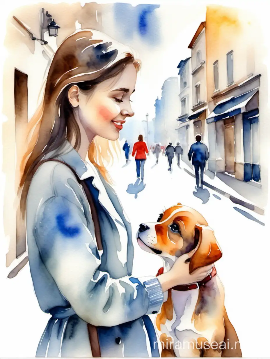 Impressionist watercolor painting. A young woman looks in love at a puppy on the street. White background.