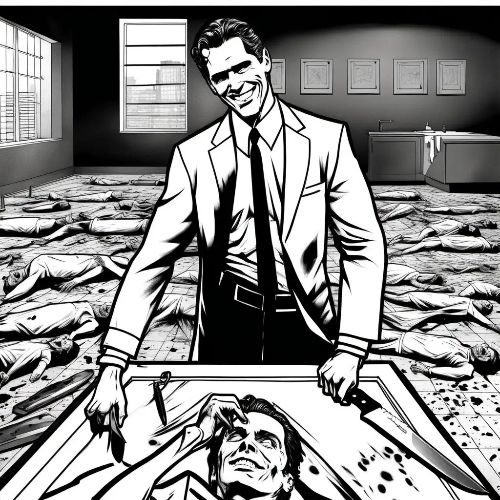black and white drawing of handsome executive from 'american psycho' holding a butcher knife and smiling, with dead body laying on floor in far distance, all wearing white for coloring