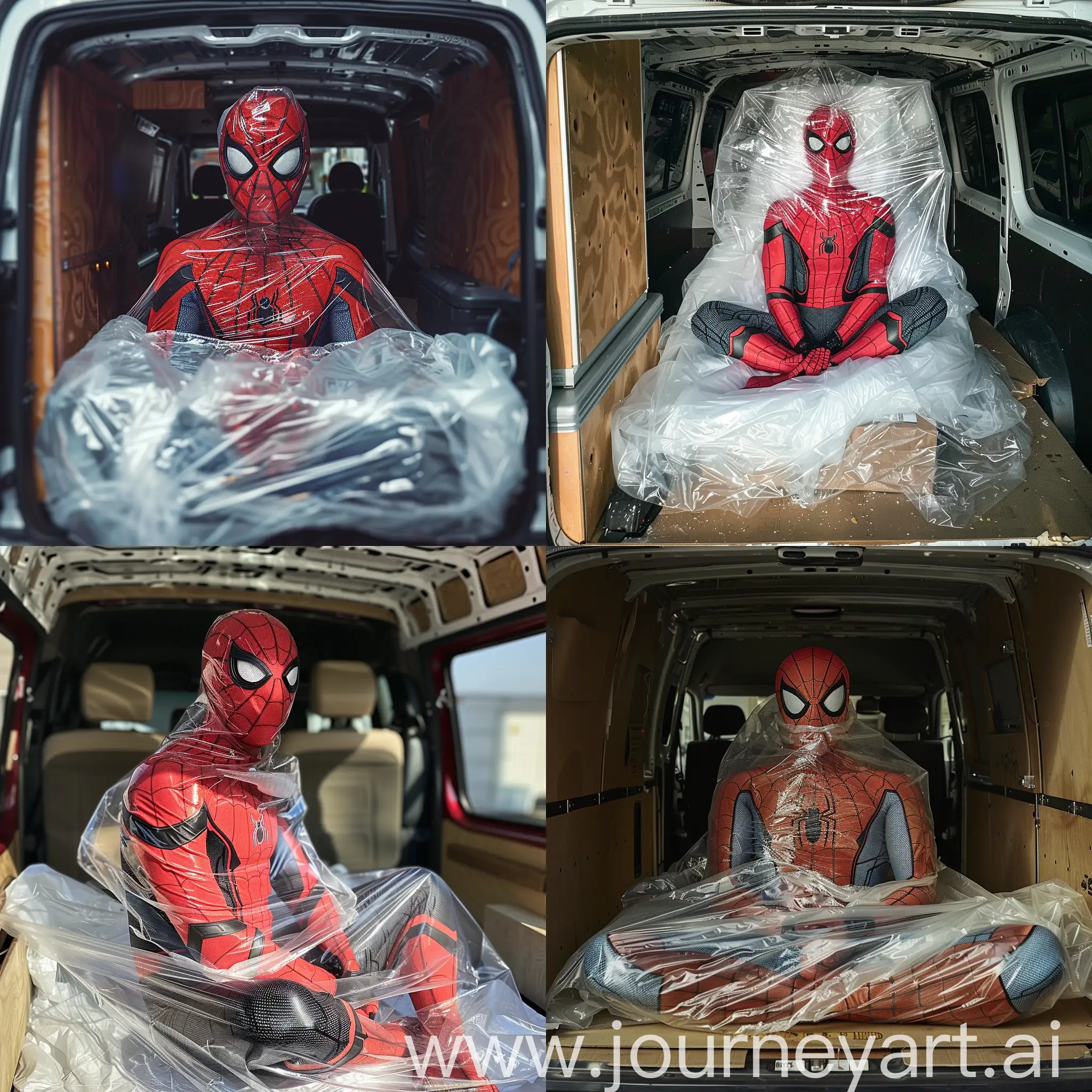 spiderman wrapped in plastic wrap in the back of a van