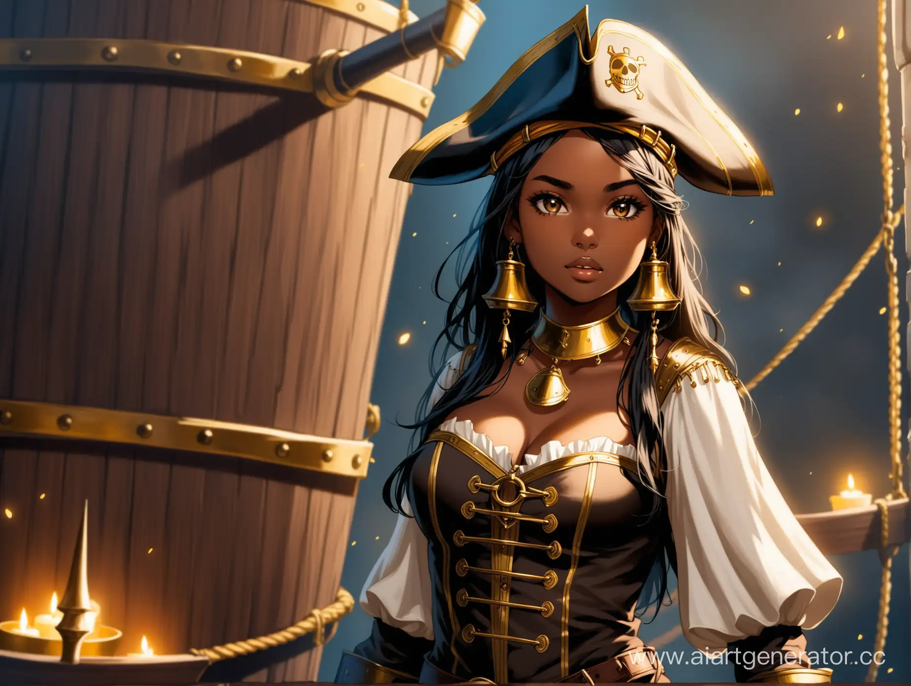 DarkSkinned-Pirate-Girl-with-Golden-Ornaments-in-Medieval-Fantasy-Ship-Hold