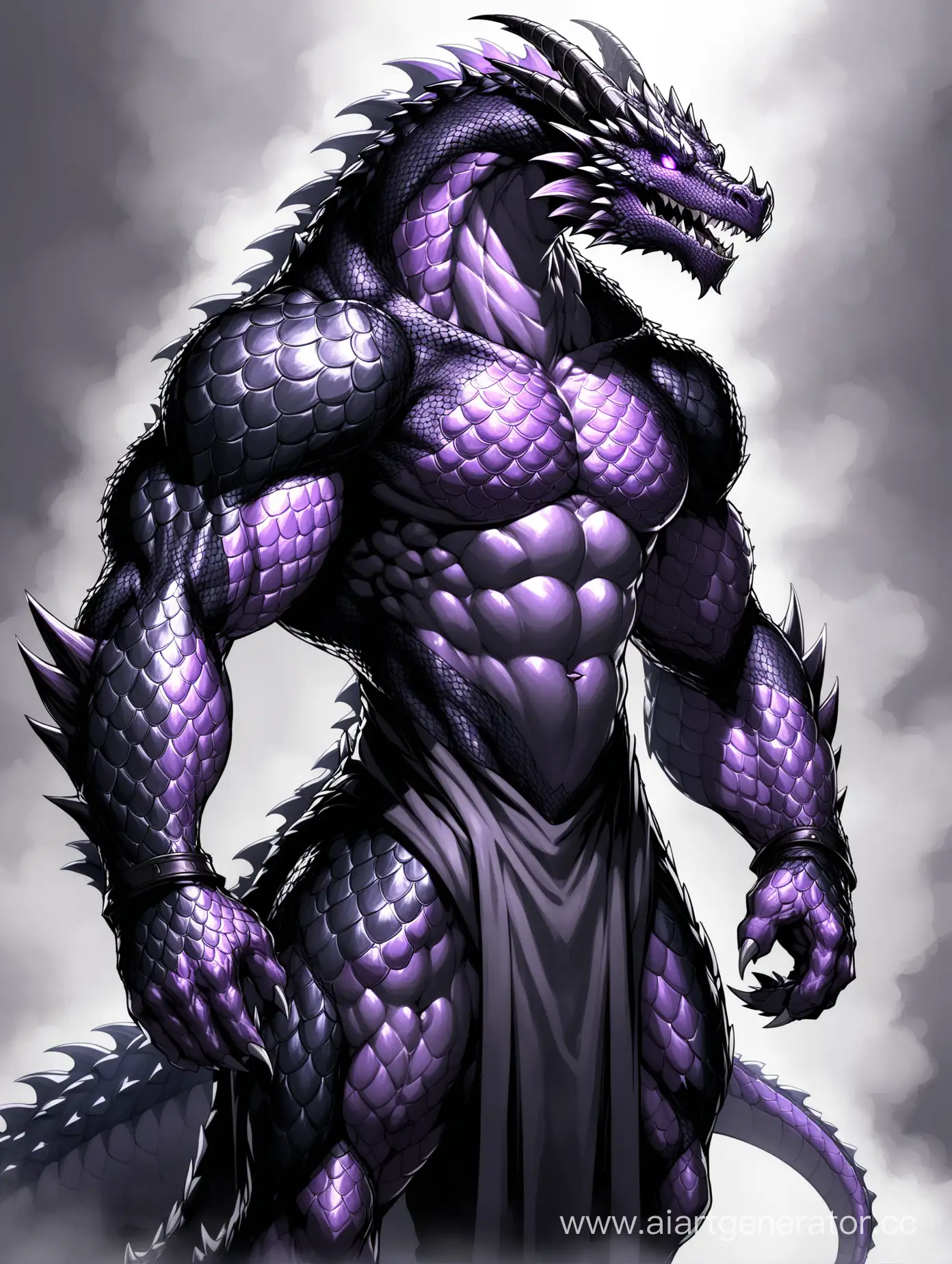 Muscular-Draconic-Warrior-in-Gray-Robe-Powerful-Dragonoid-with-Black-Scales-and-Purple-Eyes