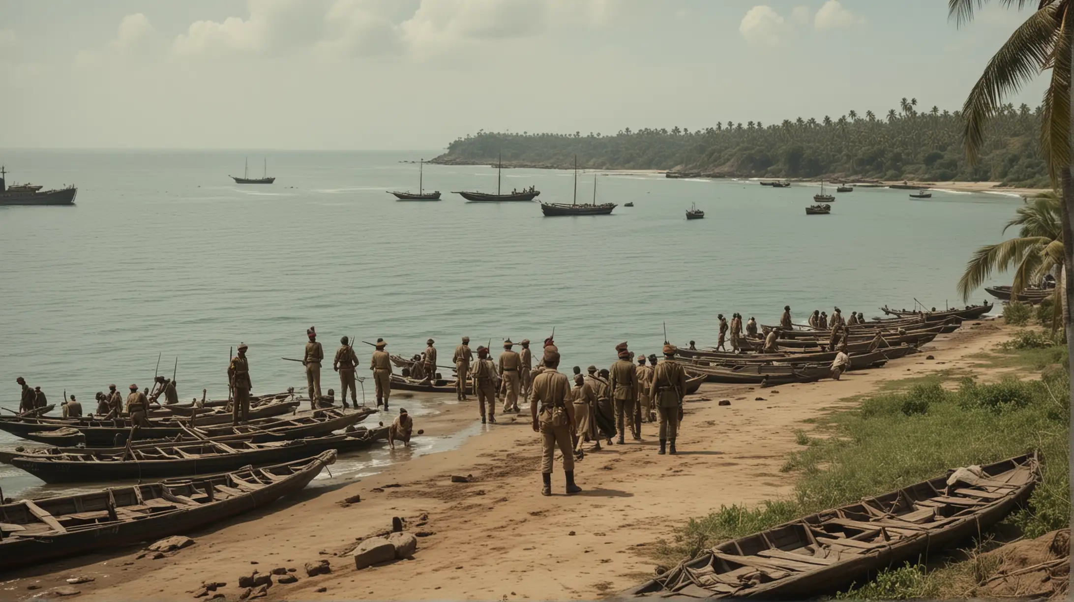 cinematic image of a peninsula, a coastal area in India under colonial rule, British soldiers and Indian civilians, boats, goods, trade. A Man is watching them