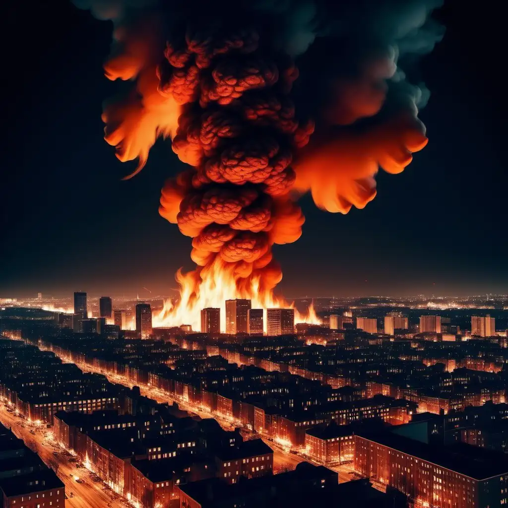 Portrait view of a city landscape in flames on a night sky