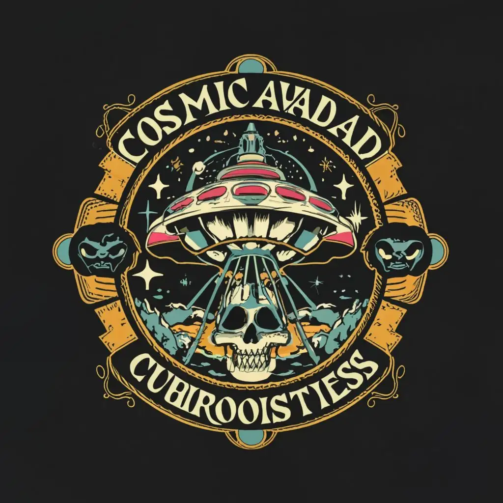 a logo design,with the text "Cosmic Cavalcade of Curiosities", main symbol:space,pirate,sci-fi,retro,skull,ship,ships wheel,1950s,crossed cricket bats,Moderate,be used in Entertainment industry,clear background