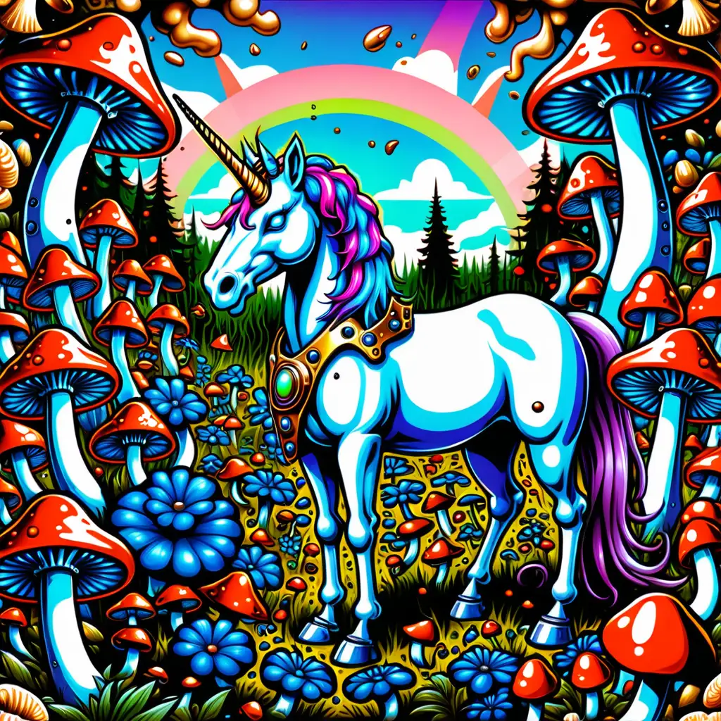 a painting of a unicorn surrounded by mushrooms, android jones and chris dyer, cd cover artwork, invasion of the tripmachines, art depicting control freak, telegram sticker, taking mind altering drugs, clothed in cyber armour, synthesizer