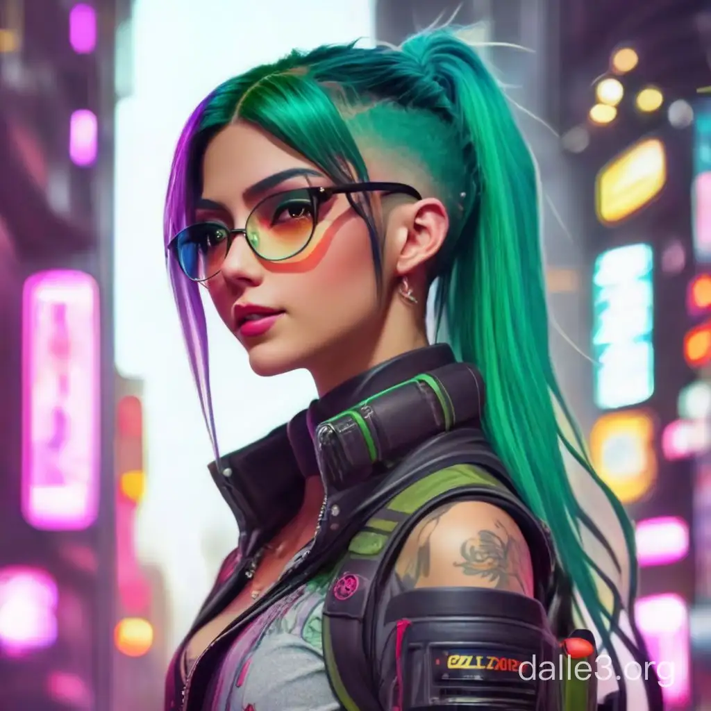красива девушка с зелеными длинными волосами, в коротких шортах, в очках, в стиле игры cyberpunk 2077