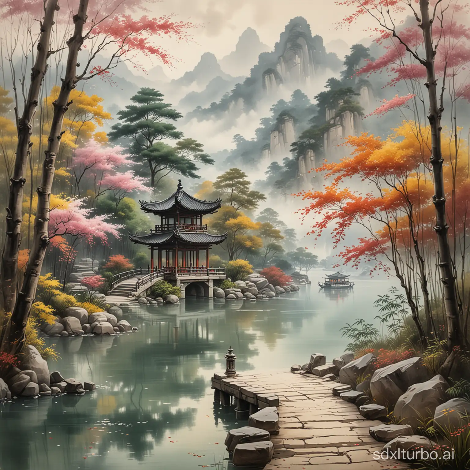 A Chinese ink painting depicts a Chinese style pavilion located on a calm lake， surrounded by dense forests and bamboo forests. The stone step path meanders towards the lake， with lanterns hanging on both sides emitting soft light， and the falling petals are colorful. The mountain peaks shrouded in clouds and mist in the distance are faintly visible.