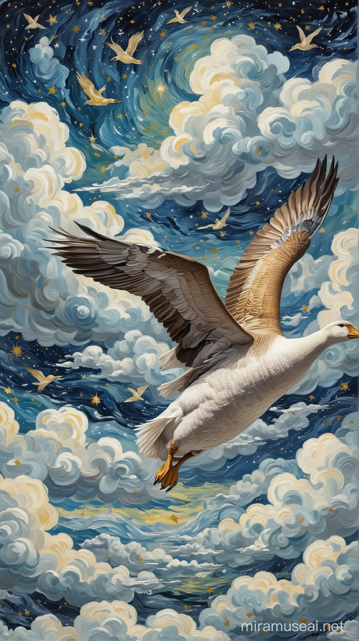 The flight of a goose on white clouds inspired by Van Gogh's starry night design