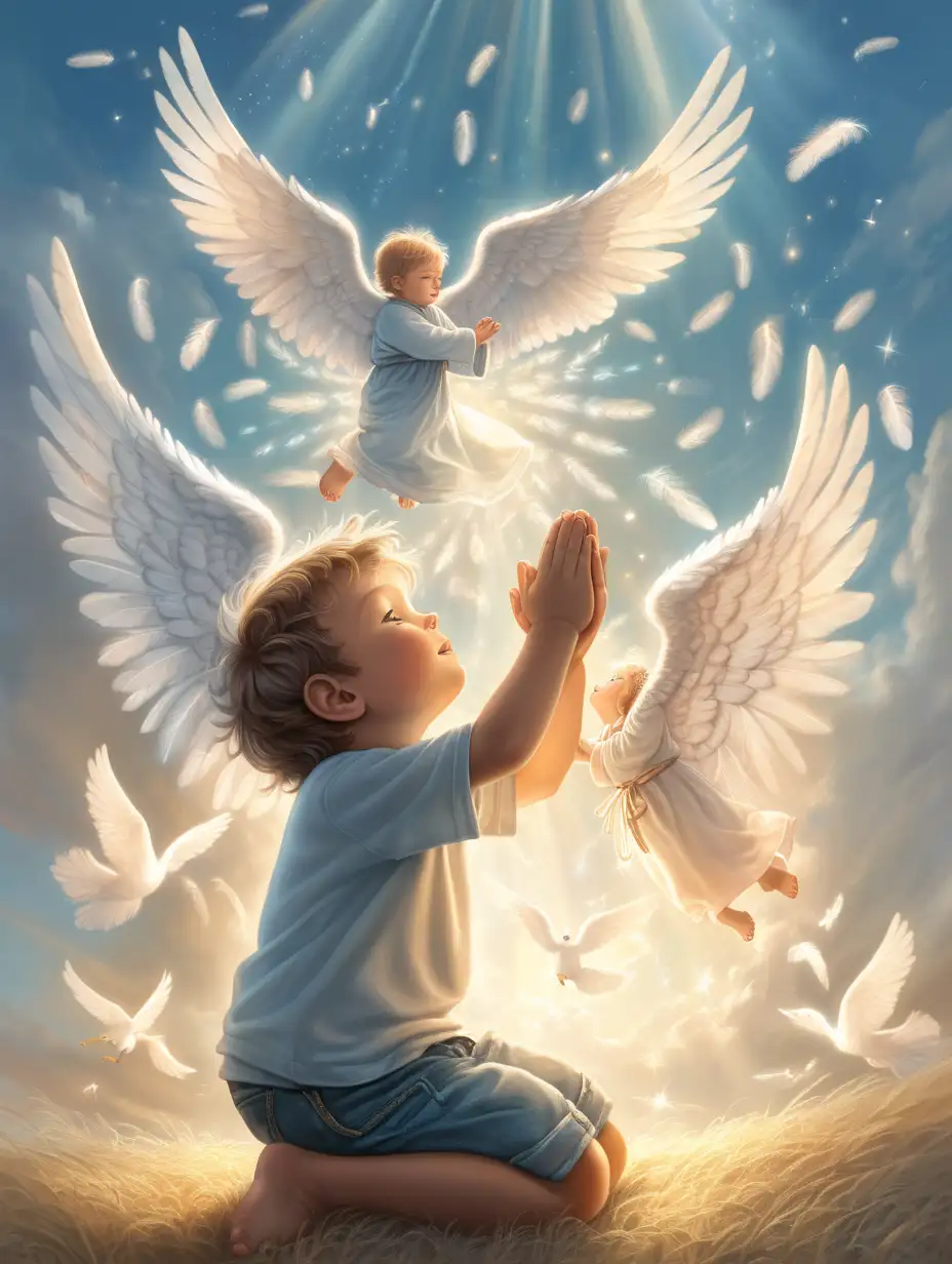 Un niño pequeño, ora  al cielo con fé y alegria, el cielo le responde, y envia a sus angeles a ayudarlo, con plumas cayendo del cielo en forma de luz