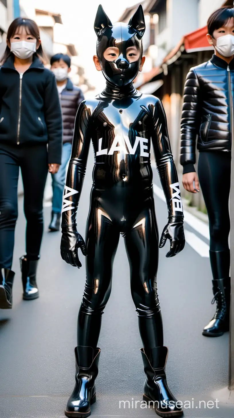 Muscular 10YearOld Japanese Boy in FullBody Latex Suit and Mask on Street
