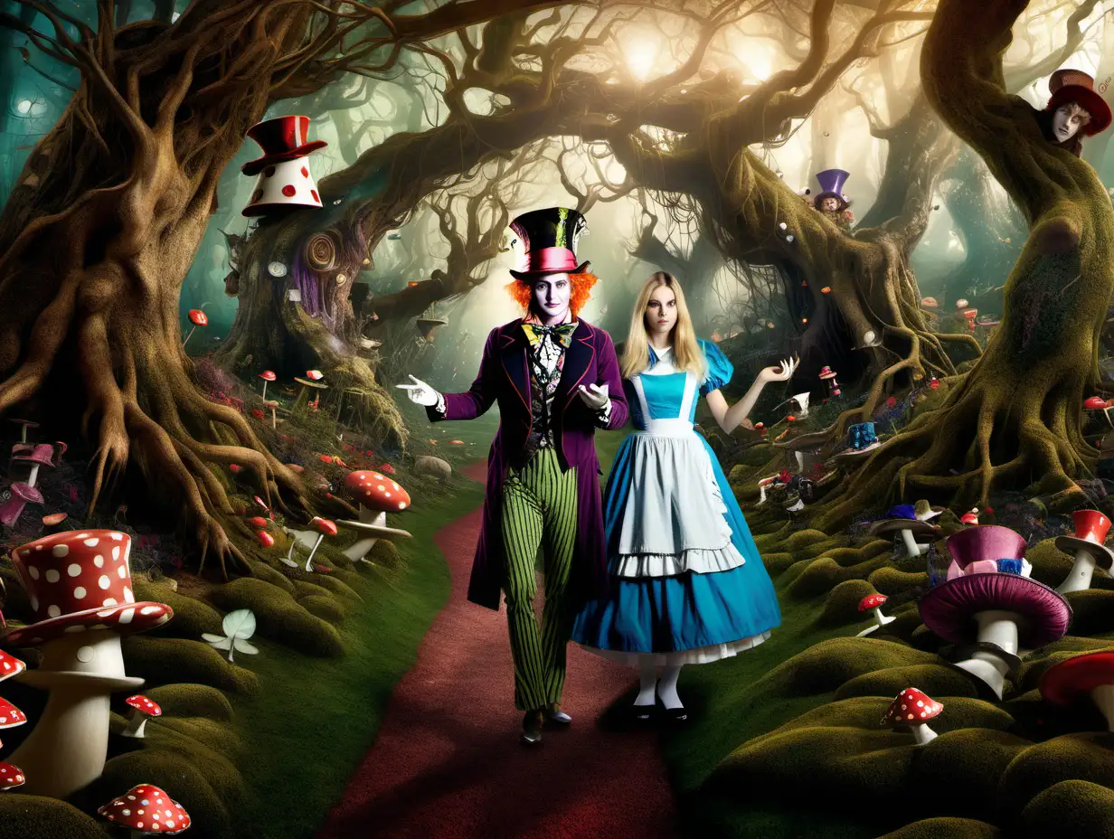 Alice and Mad Hatter in an enchanted forest