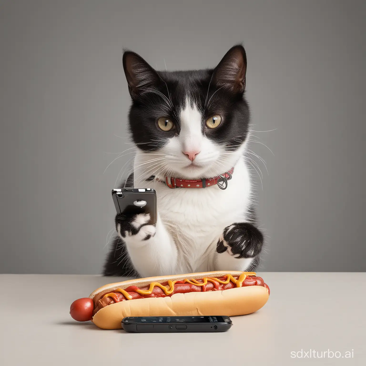 Monochrome-Cat-with-Smartphone-and-Hotdog-Snack