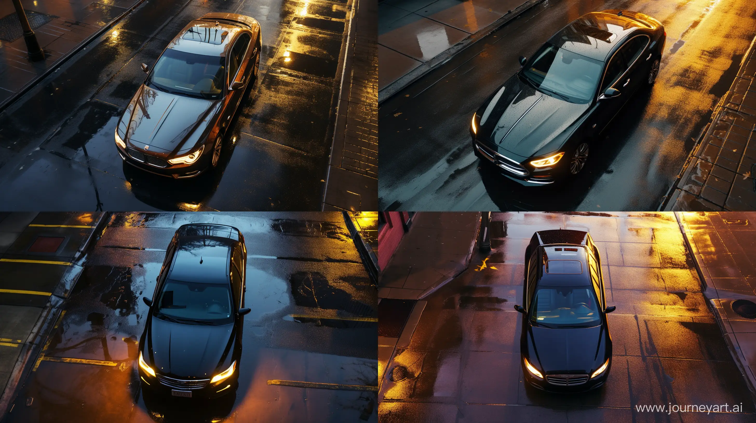 Drone view of a sleek, dark-colored car parked on a wet street, illuminated by the golden hues of the rising or setting sun. The car’s headlights are on, casting an intense glow that contrasts with its dark body. Reflections of buildings and the sky are visible on the car’s shiny surface. The street is wet, possibly from recent rain, and reflects the warm sunlight, creating an atmospheric mood. There is mist or smoke in the background, adding to the dramatic effect of the scene. An urban environment with tall buildings on both sides of the street. --ar 16:9