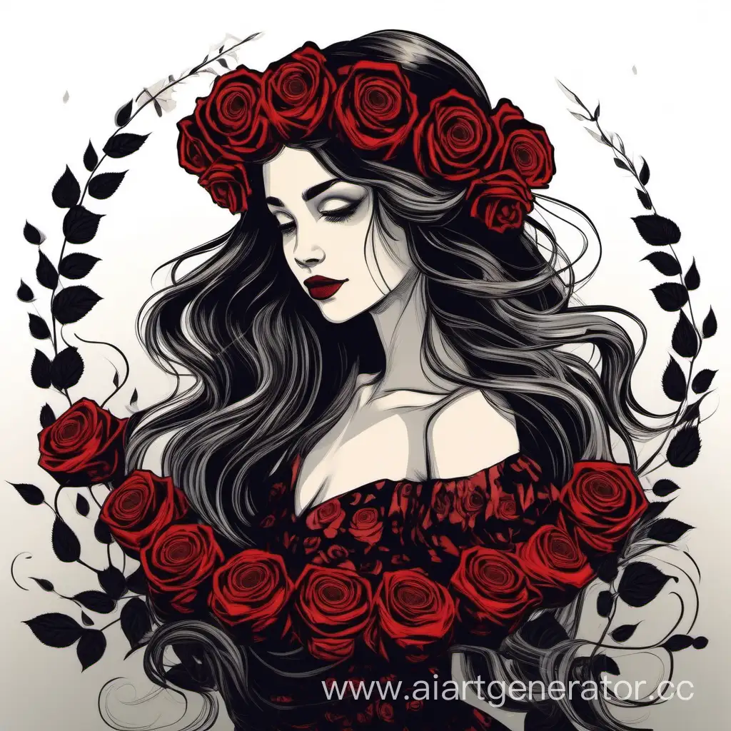Ethereal-Girl-with-Black-and-Red-Rose-Wreath-in-Lush-Colored-Dress