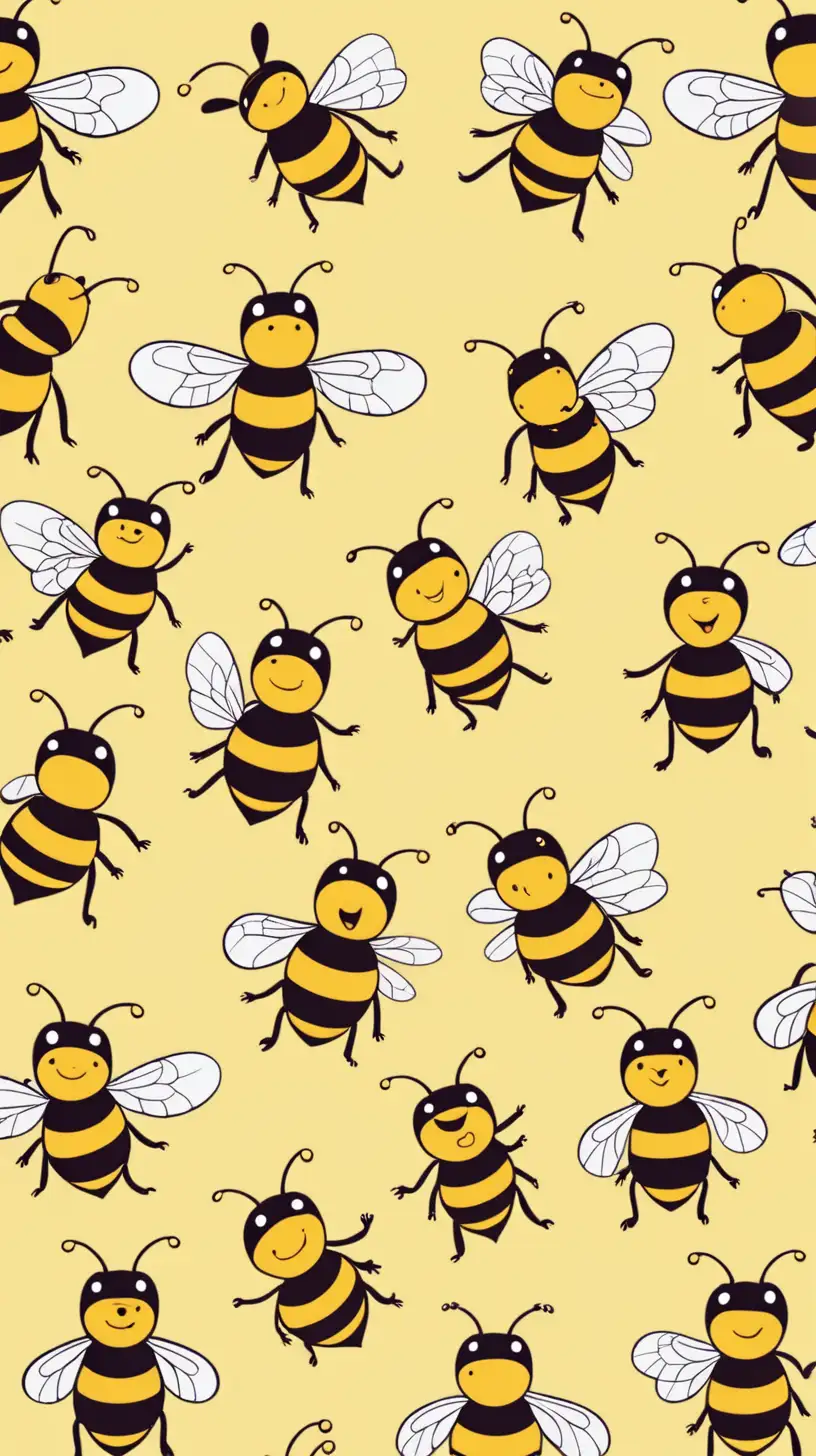 create an ongoing image of cartoon bees, with no eyes, no faces on a pastel yellow background