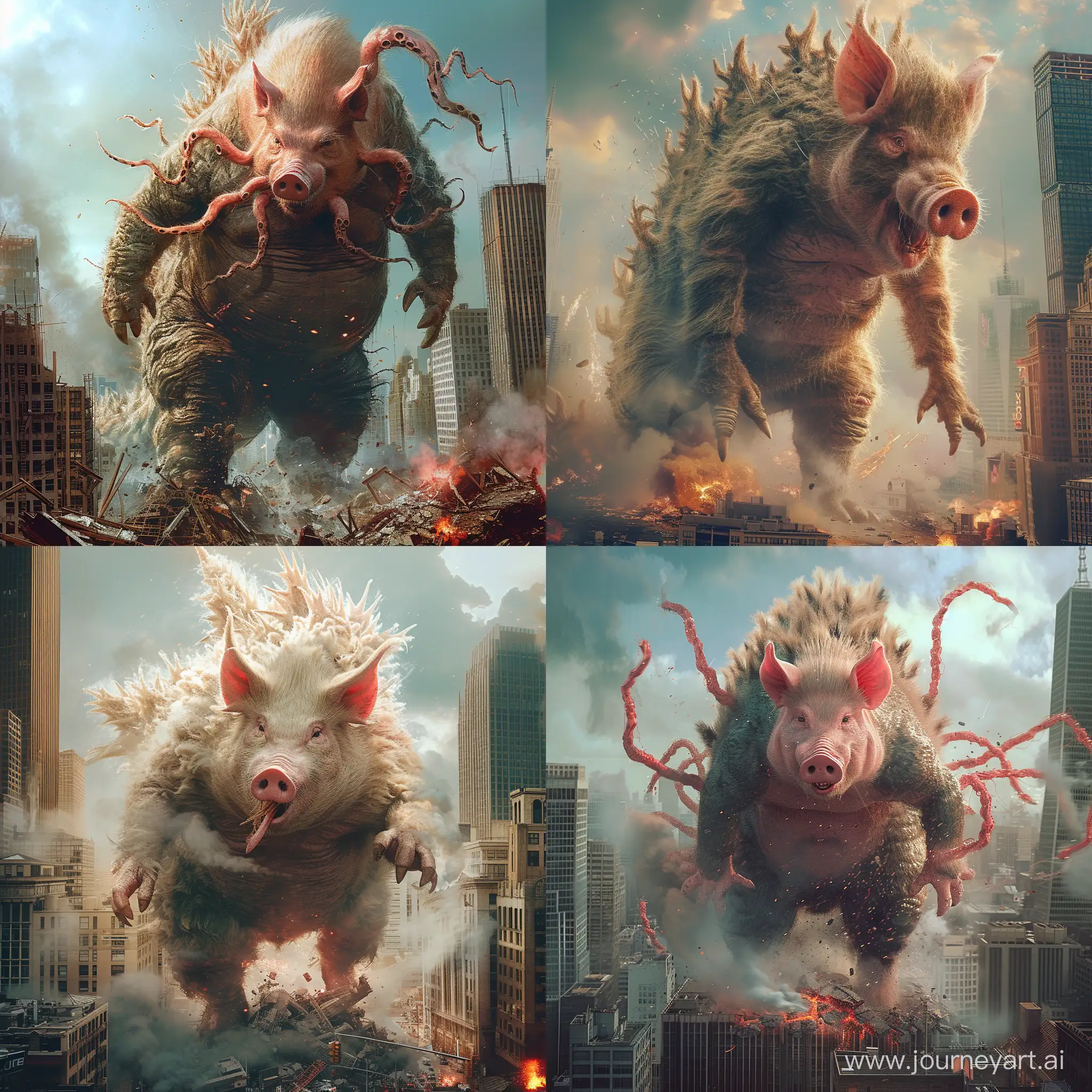 perfect mix between pig and Godzilla, with pig's fur tentacles protruding from his entire body, destroying city, epic, (cataclysmic, gargantuan, taller than buildings, oversized, gigantic:1.9), absurdres, best quality, fantasy style,(intricate details), (hyperdetailed), 8k hdr, high detailed, lot of details, high quality, soft cinematic light, dramatic atmosphere, atmospheric perspective