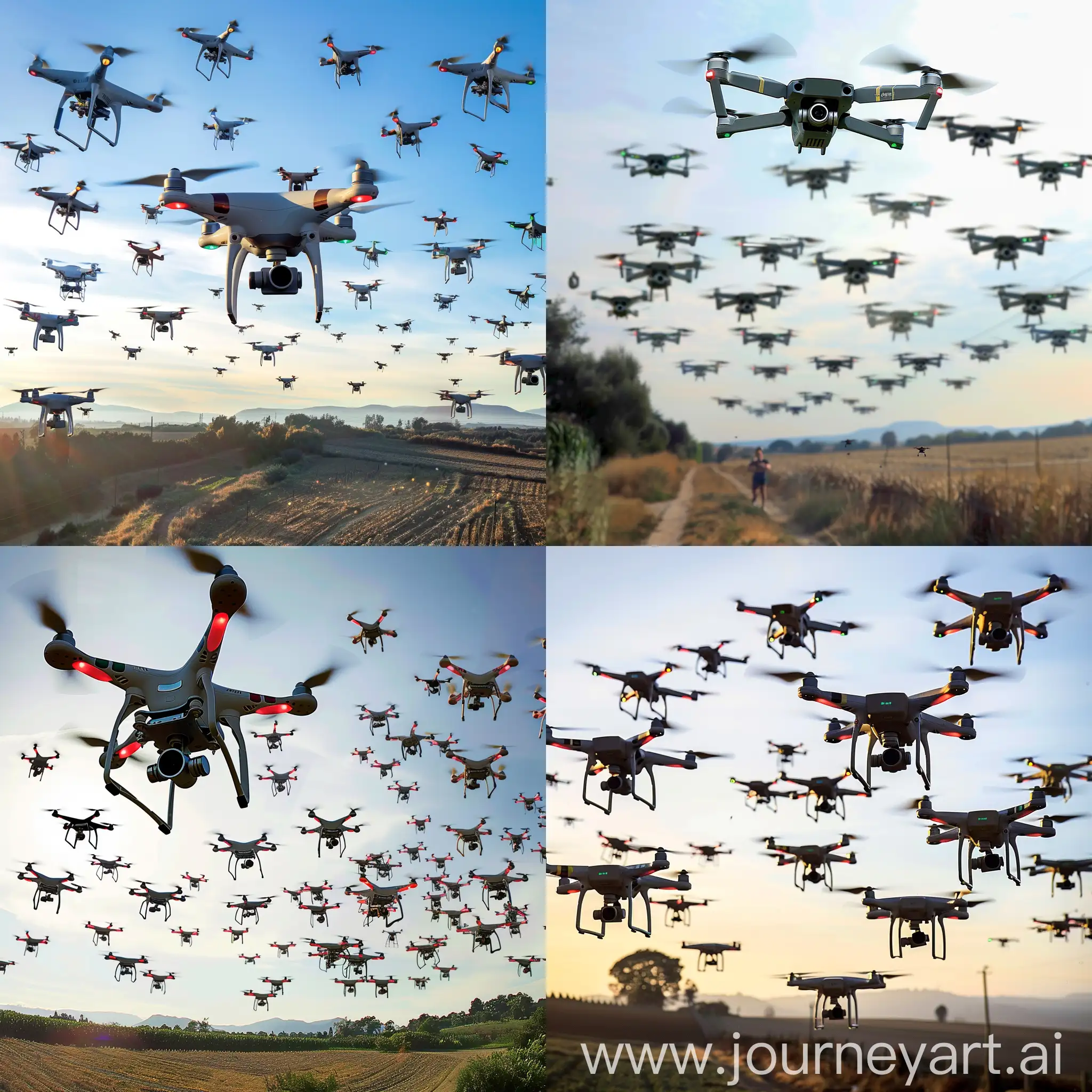 swarm drones on countryside