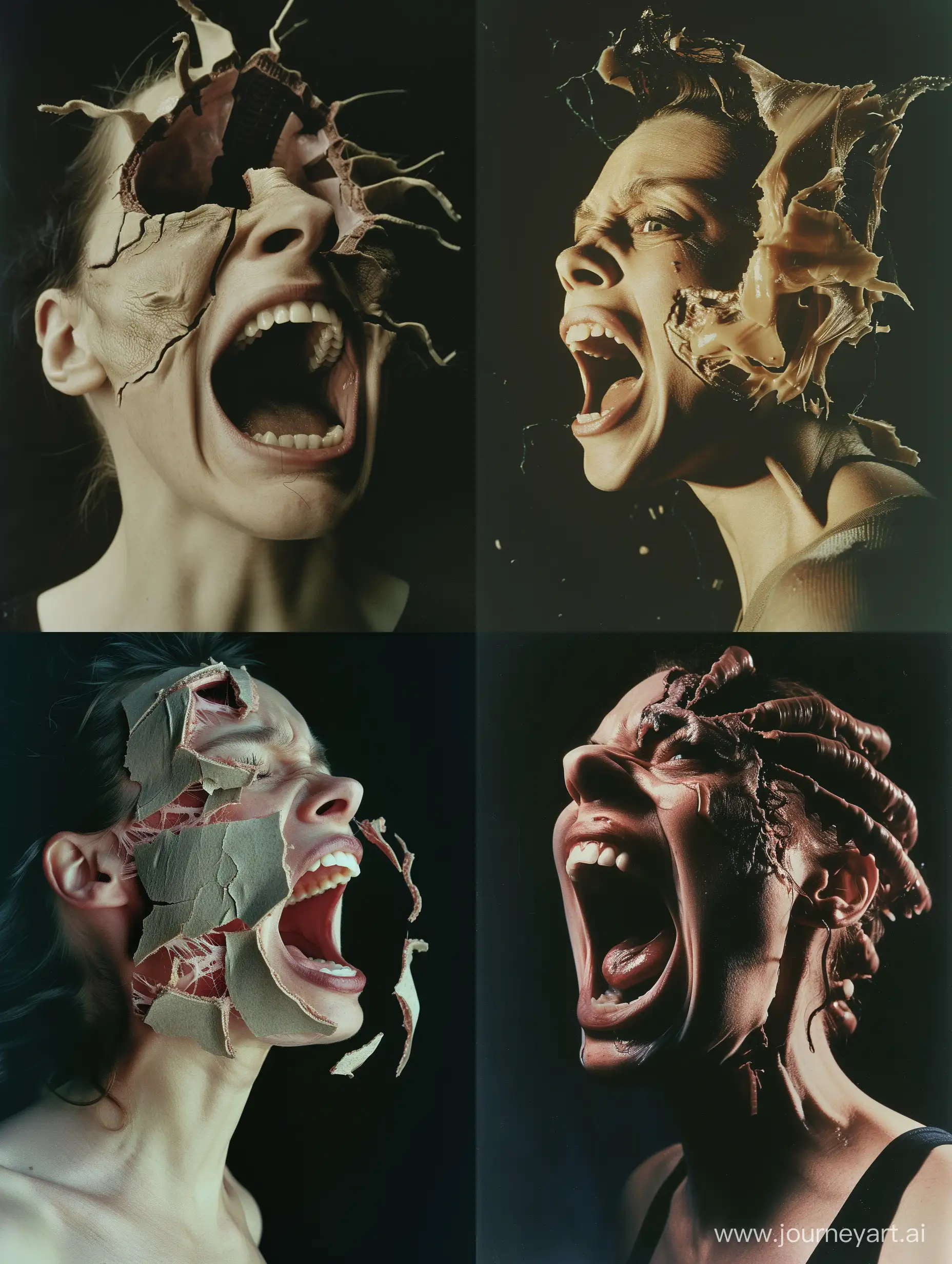 Color photo of a woman with an open mouth, screaming,  her face appearing as if it's ripping while she morphs into some sort of creature, with certain areas stretched thin and seemingly on the verge of tearing. Despite the distorted features, her femininity remains discernible. Her mouth, pulled apart and elongated from the corners, adds an unsettling touch to the overall image. Capture the surreal and captivating essence of this transformation, where the boundaries of human form blur and transcend, taken on provia