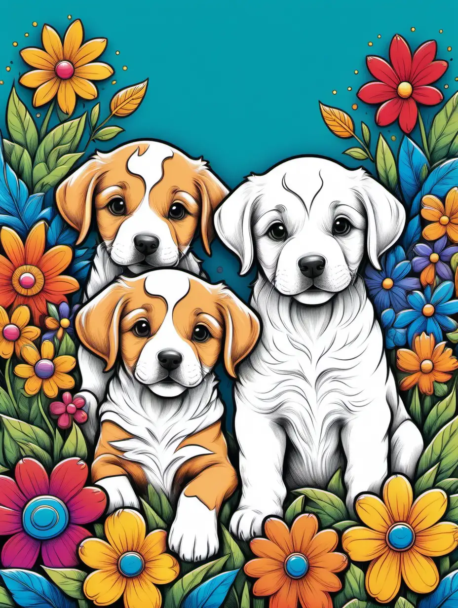 3 happy 
puppies, colorful floral background, vivid primary colors, flat illustration, clean line art, smooth line, natural lines, harmonic, highly detailed, concept art, smooth, sharp focus, colorful, coloring book, sketchbook, realistic sketch, free lines, on paper,  blank space at the top for a book title to be placed
