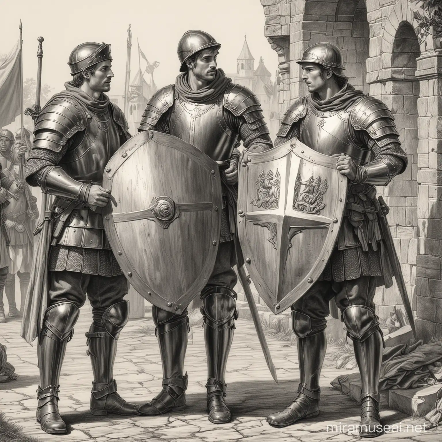 Dibujo en blanco y negro estilo medieval de dos soldados, uno colocándose la armadura y otro limpiando su escudo