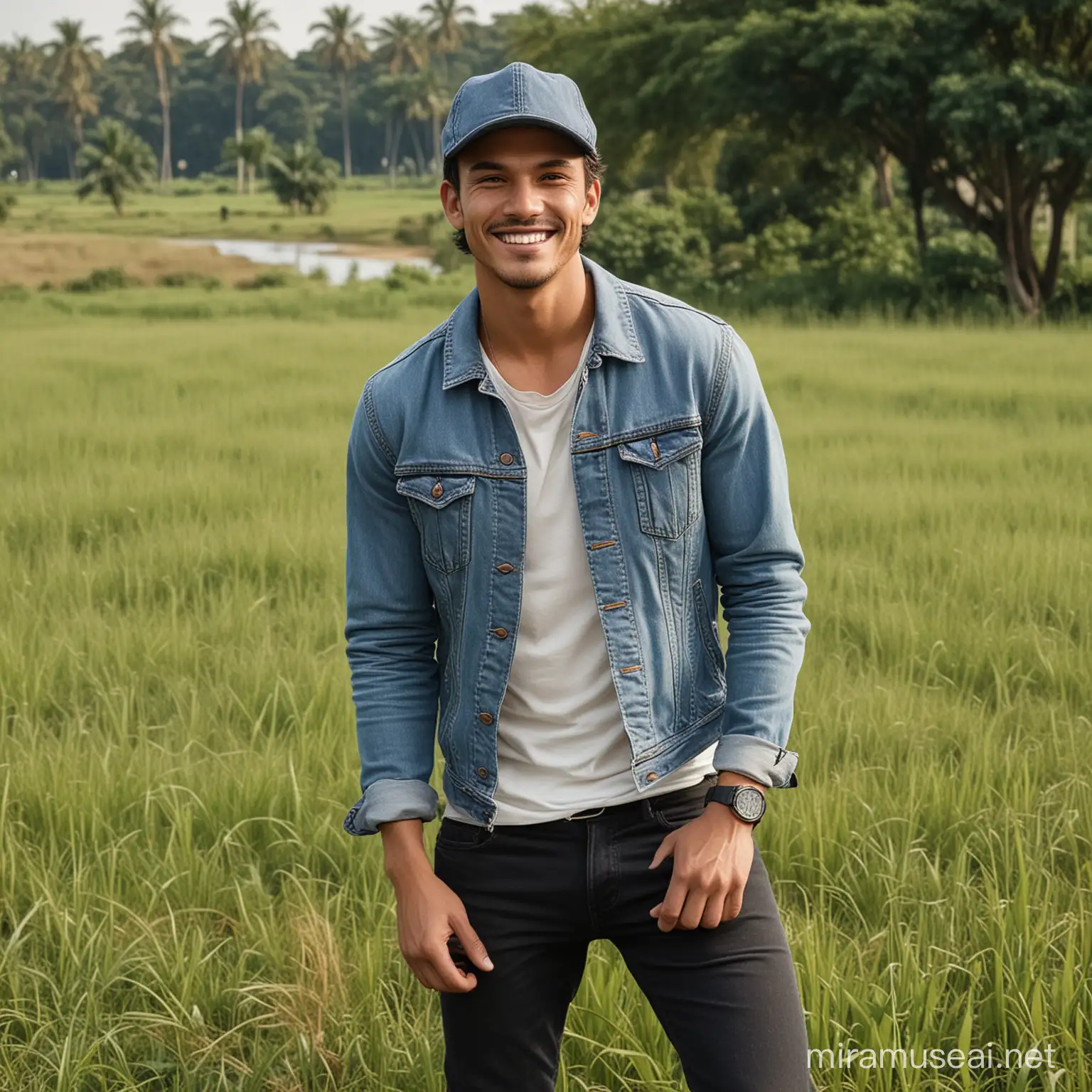 Smiling Young Man in Baseball Cap and Denim Jacket on Majapahit Era Grass Fields