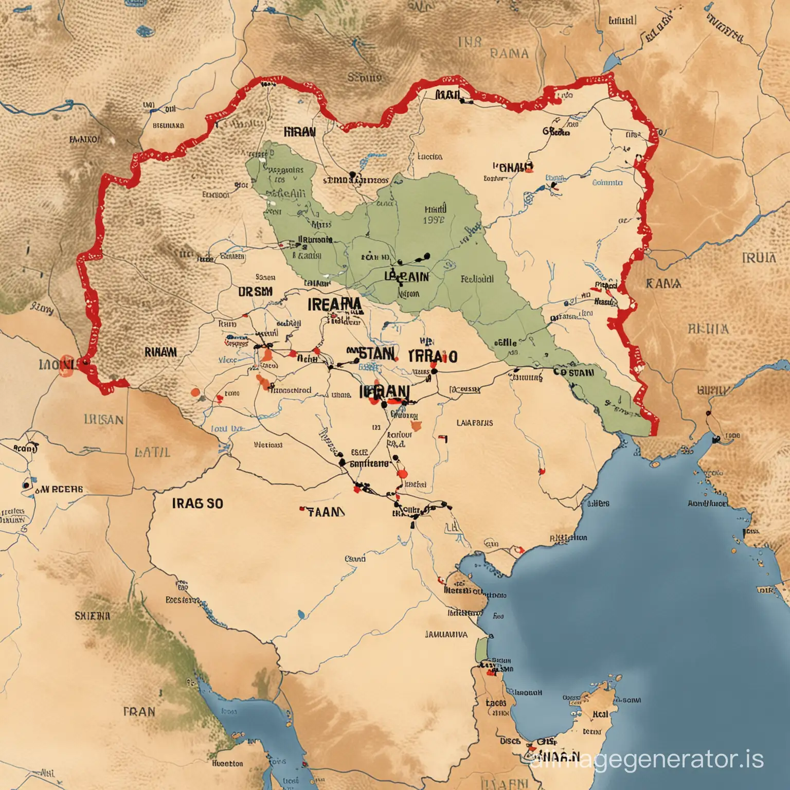 A map showing the region of Iran and Iraq, with markers indicating key locations of conflict during the war.