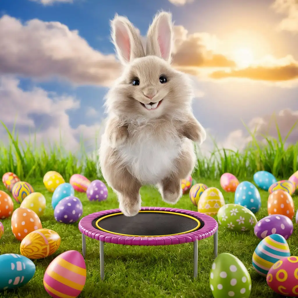 Easter Rabbit Jumping in Trampoline Arena Amid Colorful Eggs