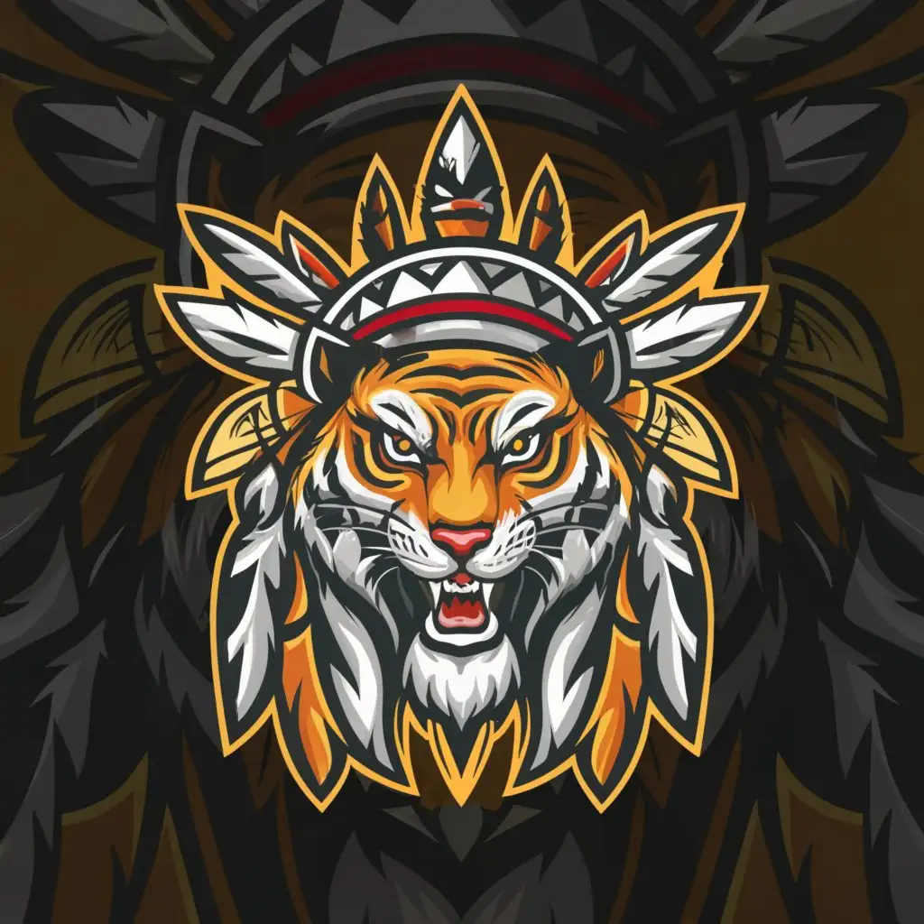 a logo design,with the text "Brave Tiger", main symbol:Mean Tiger  with Indian head gear holding  a tomahawk like a baseball bat,Moderate,clear background