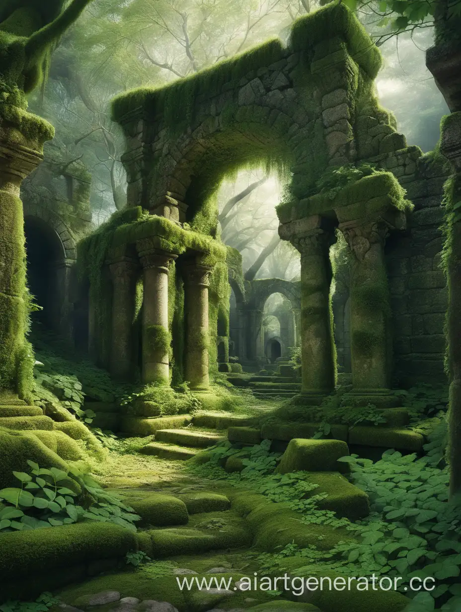 Остатки разрушенного древнего города покрытые мхом и плющем среди древнего мрачного леса