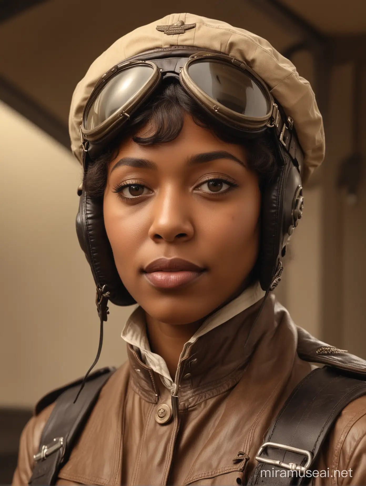 the beautiful african american 1930s woman with similar features as Bessie coleman wearing vintage pilot suit in the style of light brown and dark black, fashwave, candid celebrity shots, uhd image, body extensions, natural beauty --ar 69:128 --s 750 --v 5. 2