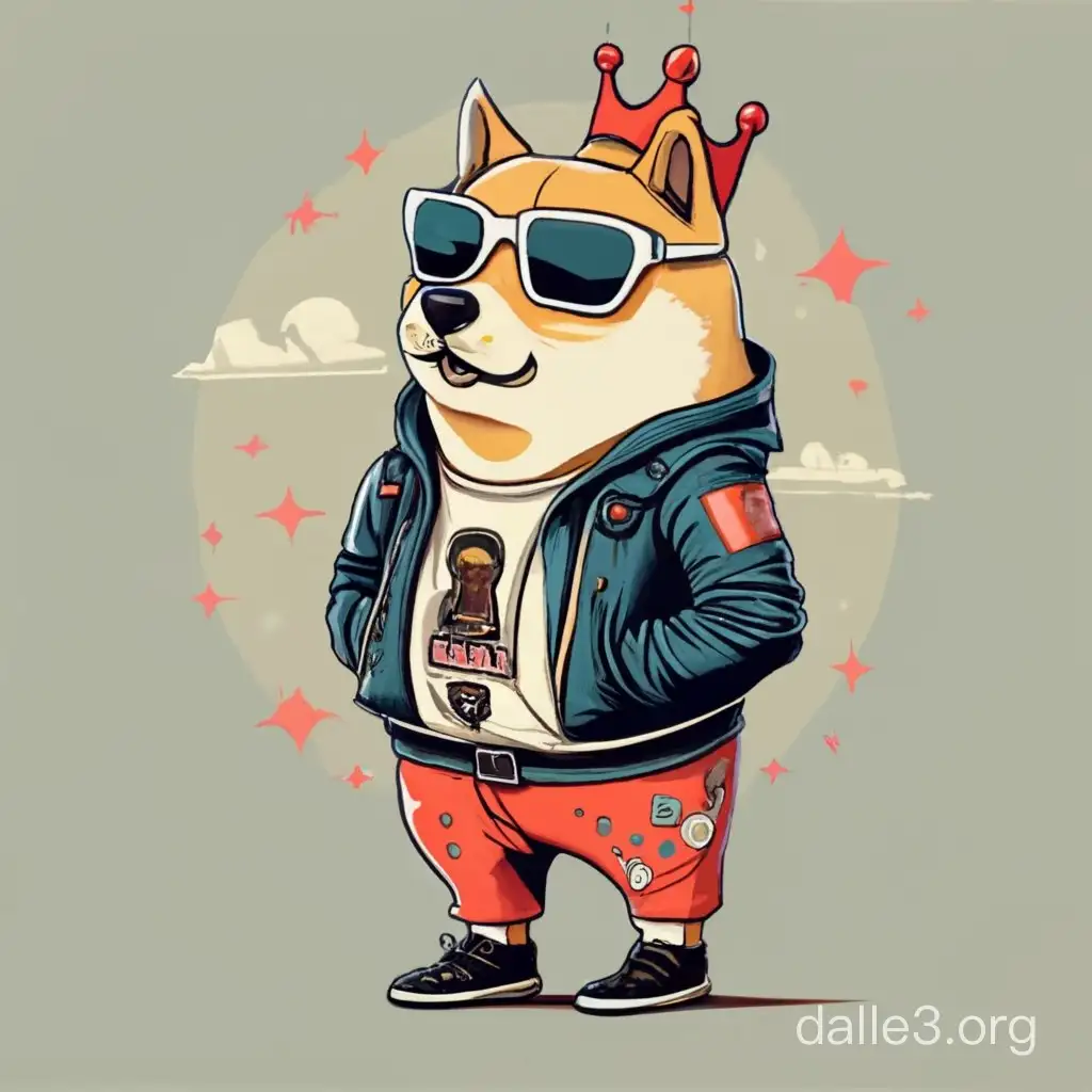 Doge in Stylish Leather Jacket and Cartoon Pants with Red Crown | Dalle3 AI